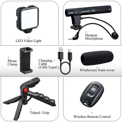 Iphone Android Video Vlog Kits w Phone Tripod Phone Holder Led Light and Shotgun Microphone for Phone Camera