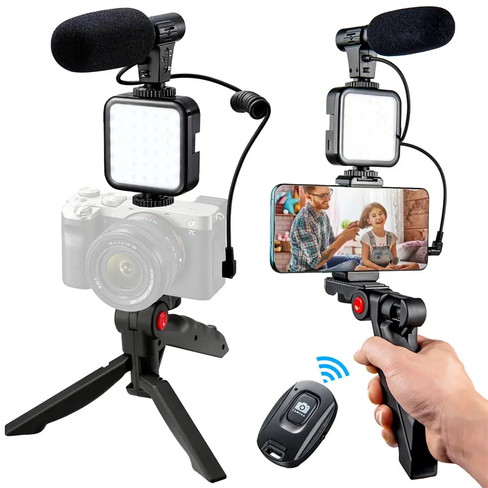 Iphone Android Video Vlog Kits w Phone Tripod Phone Holder Led Light and Shotgun Microphone for Phone Camera