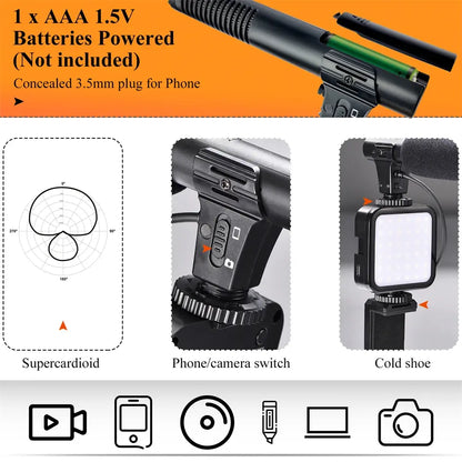 Iphone Android Video Vlog Kits w Phone Tripod Phone Holder Led Light and Shotgun Microphone for Phone Camera